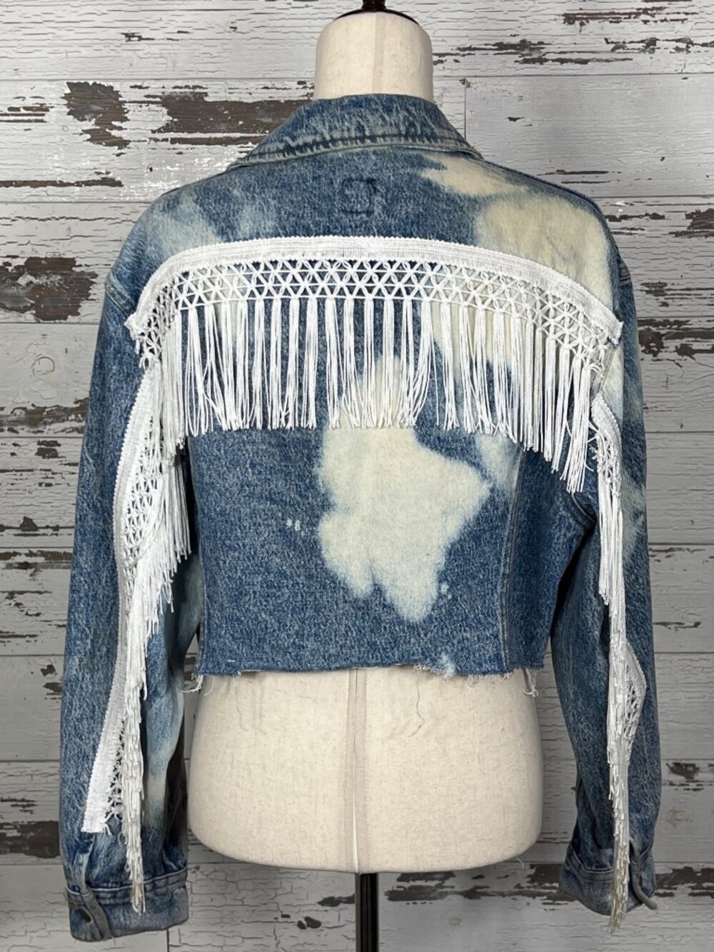 VINTAGE LEE RIDERS Y2K Distressed Cropped Jean Jacket with Fringe Blue Sz M